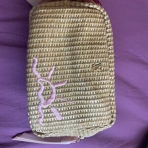 Victoria's Secret Tan Straw Clutch with Pink Embroidery